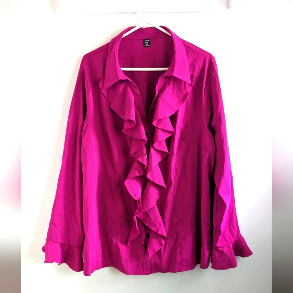 Shein Curve 4XL Pink Ruffle Button Up Collared Blouse